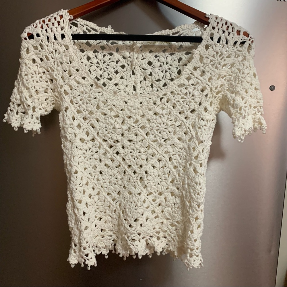 NWOT Alba Rosa Crochet Top Japan Pearl Embellishments Lace Cream Ivory S XS